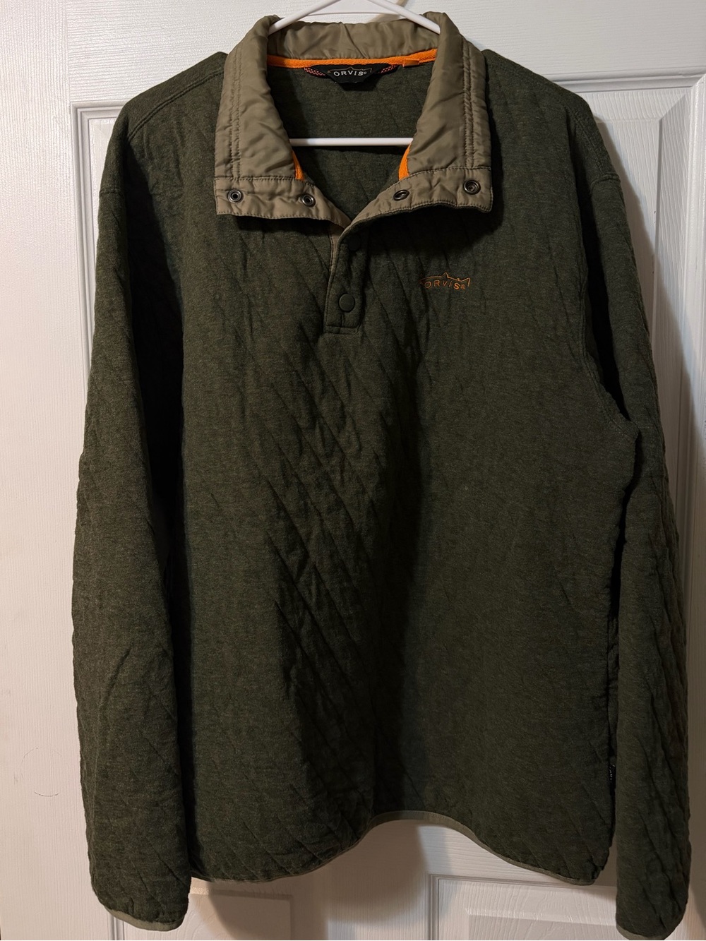 Orvis Olive Quilted Pullover with Tan Contrast Collar and Orange Trim